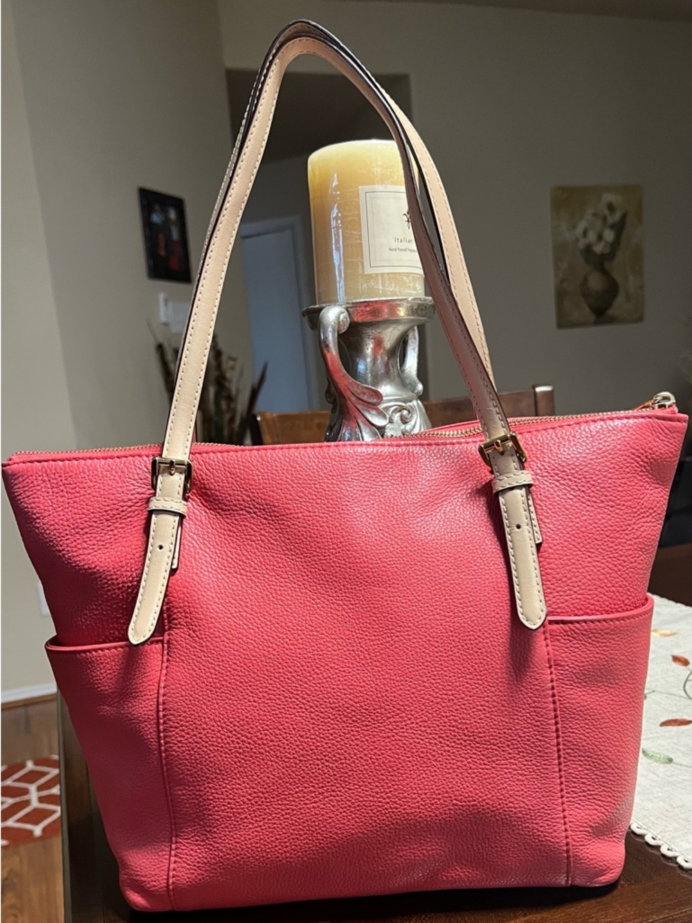 Michael Kors Coral Leather Tote with Cream Handles